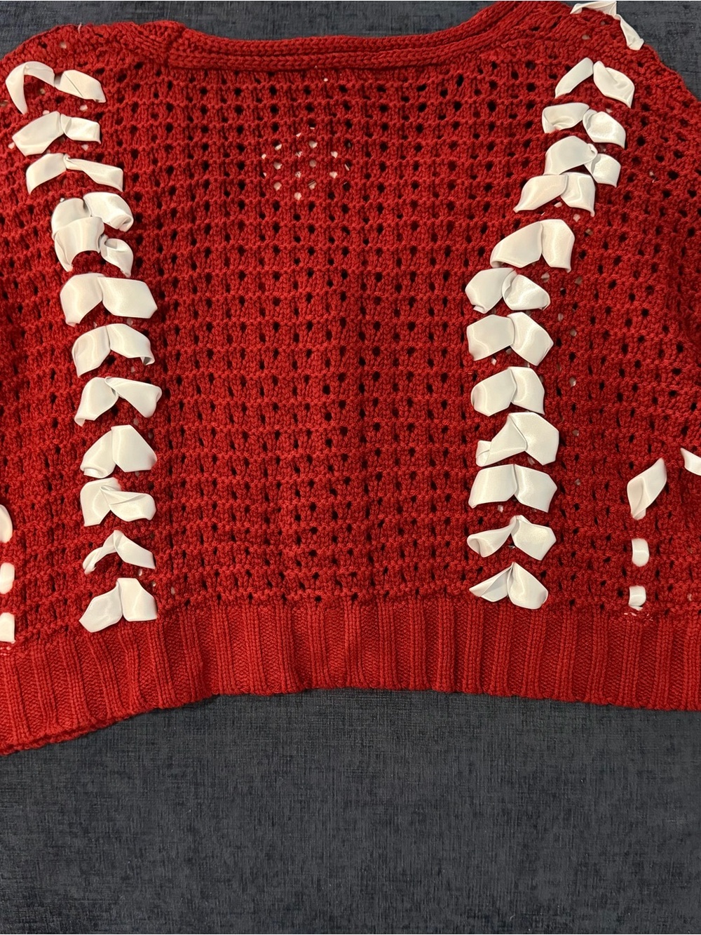 Altar'd State Red Open-Knit Cardigan with White Ribbon Trim - Picture 5 of 5